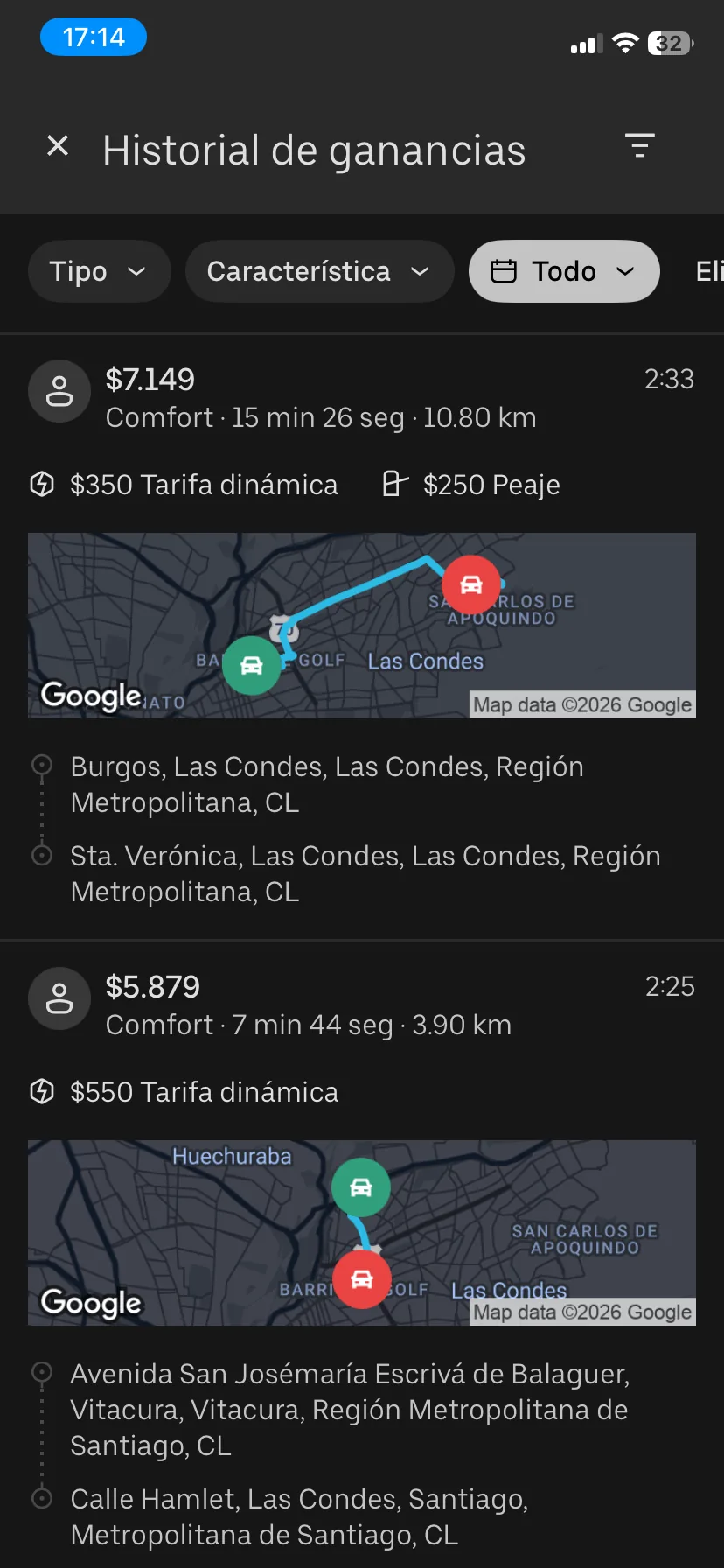 Historial de ganancias con estrategia ganadora: viajes Comfort de $7.149 y $5.879 con tarifa dinámica