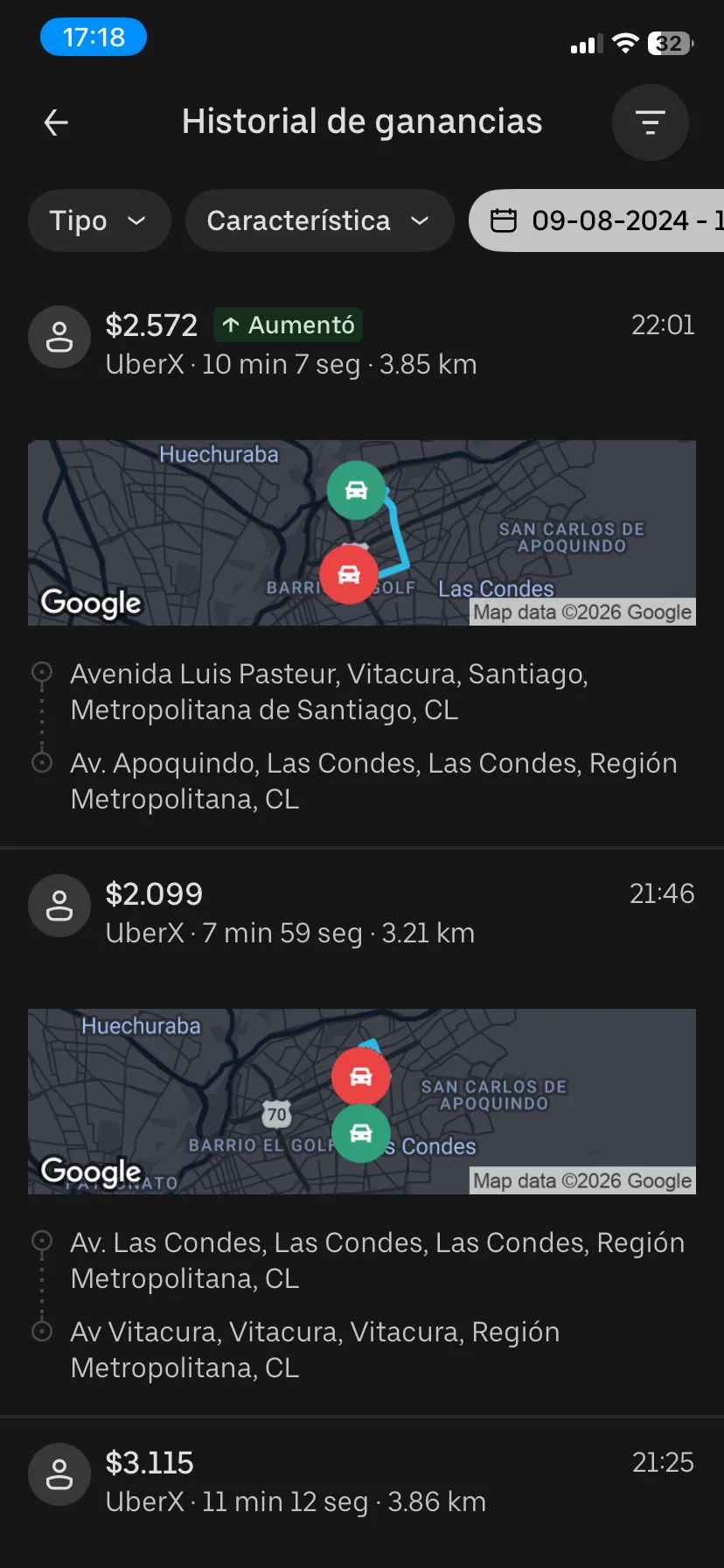 Historial de ganancias sin estrategia: viajes UberX cortos de $2.099, $2.572 y $3.115